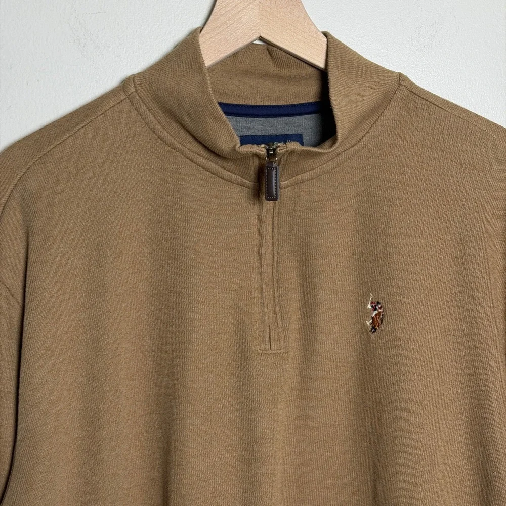 US Polo Assn Mens 2XL Camel Brown Quarter Zip Pullover Sweater Preppy Academia